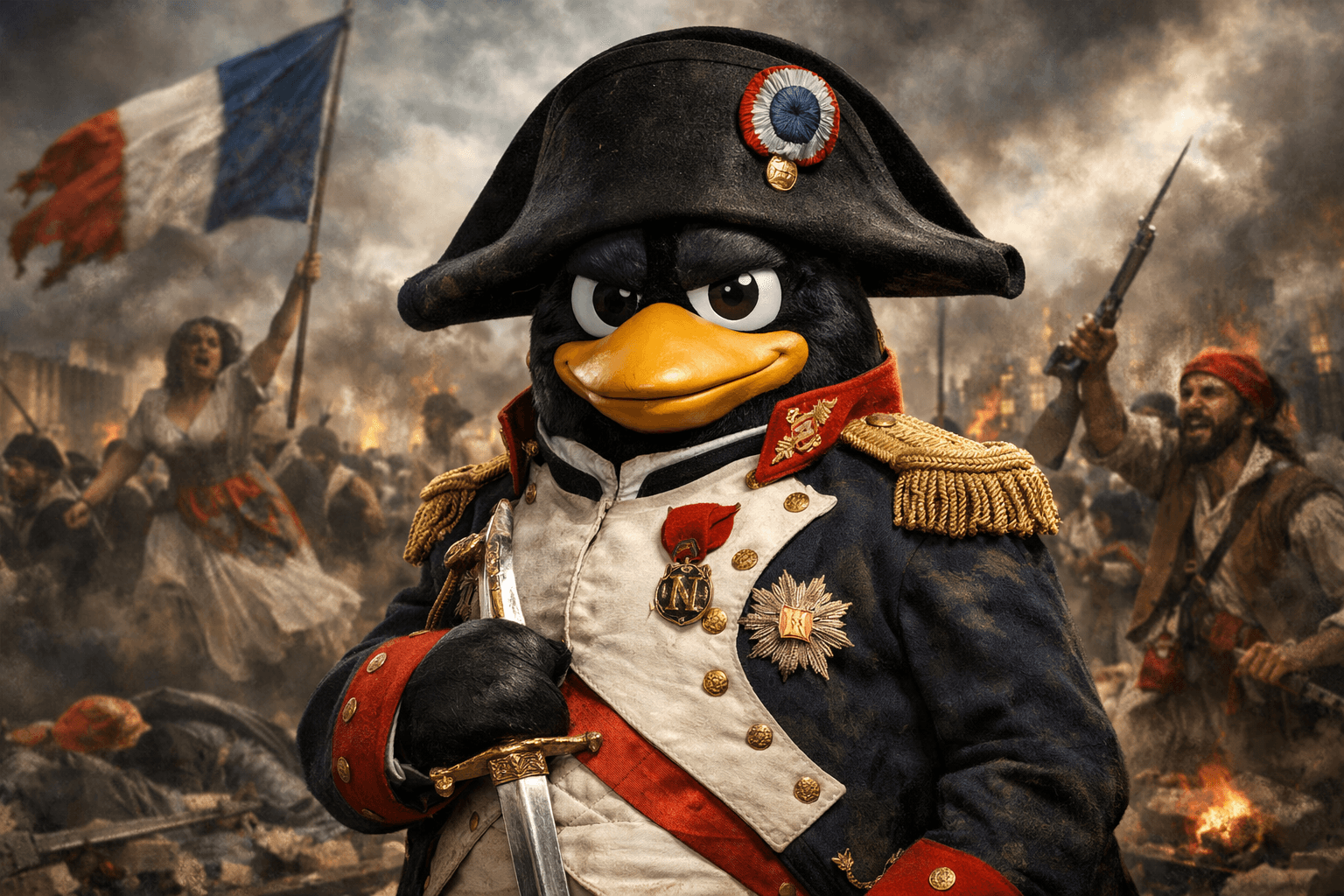 TUX, the penguin mascot, dressed as Napoleon during the French  Revolution